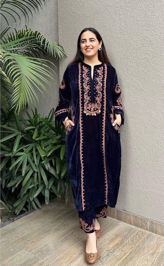 Luxuriant Embroidery Velvet Blue Color Plazzo Suit