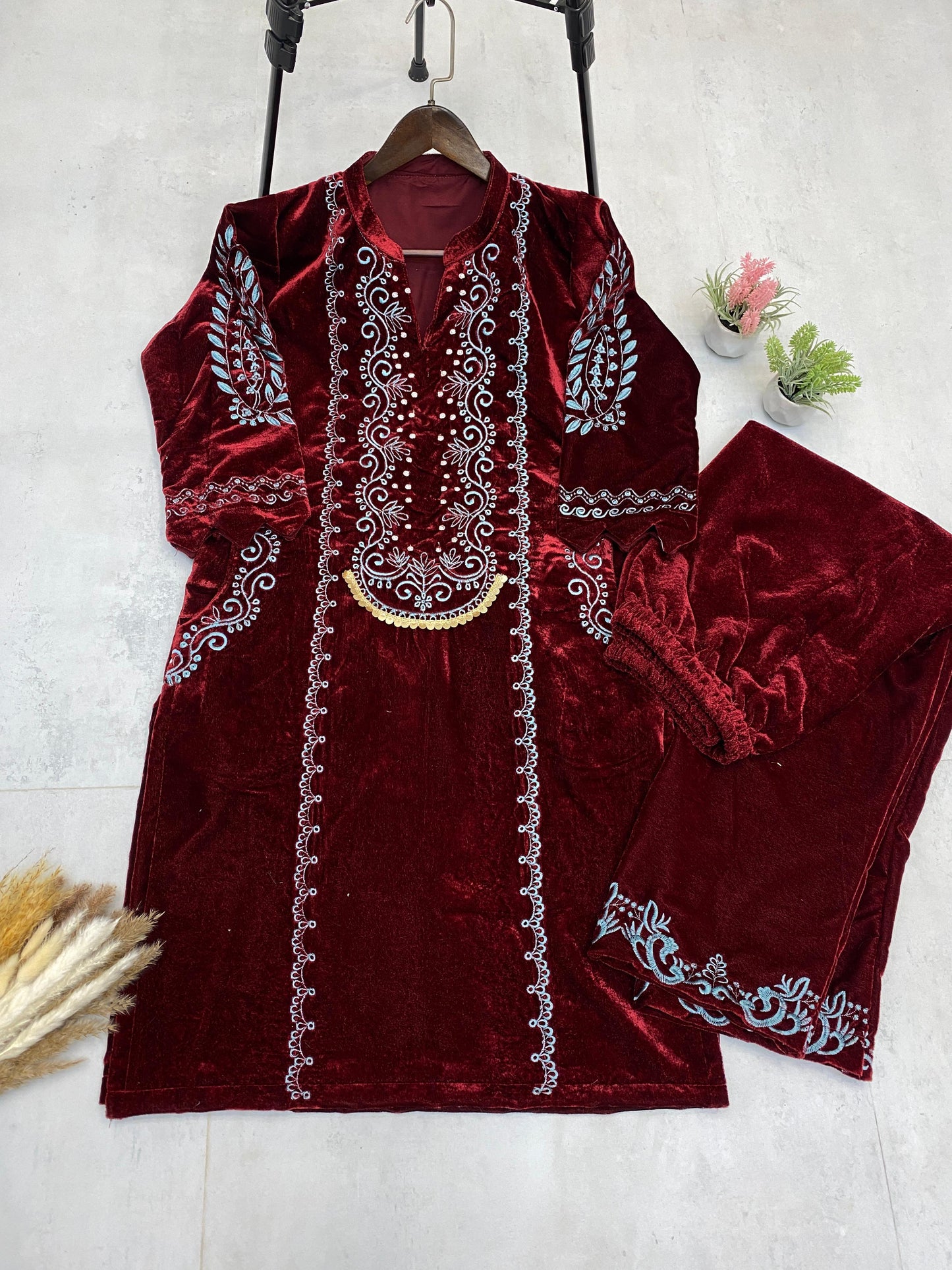 Luxuriant Embroidery Velvet Red Color Plazzo Suit