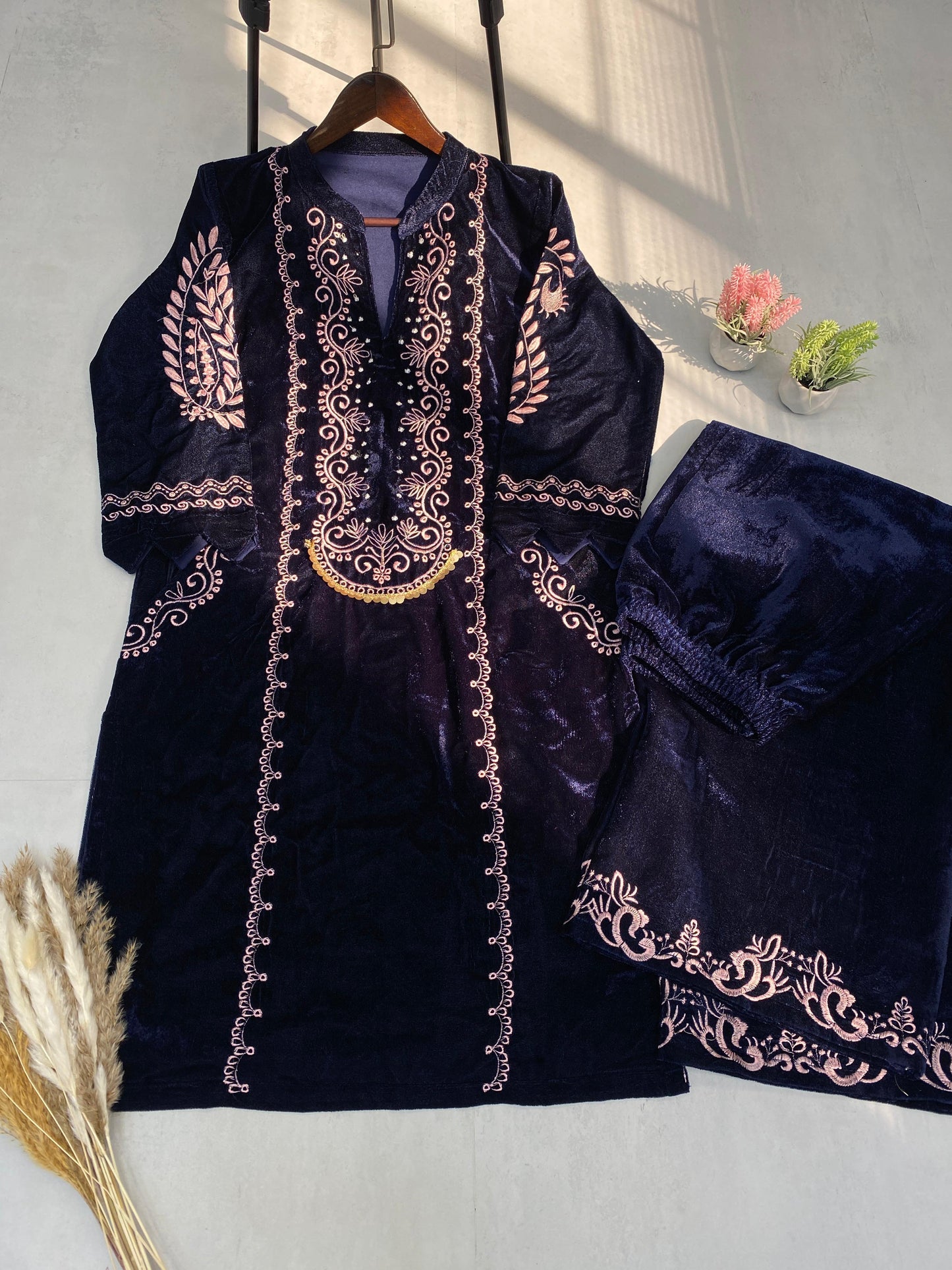 Luxuriant Embroidery Velvet Blue Color Plazzo Suit