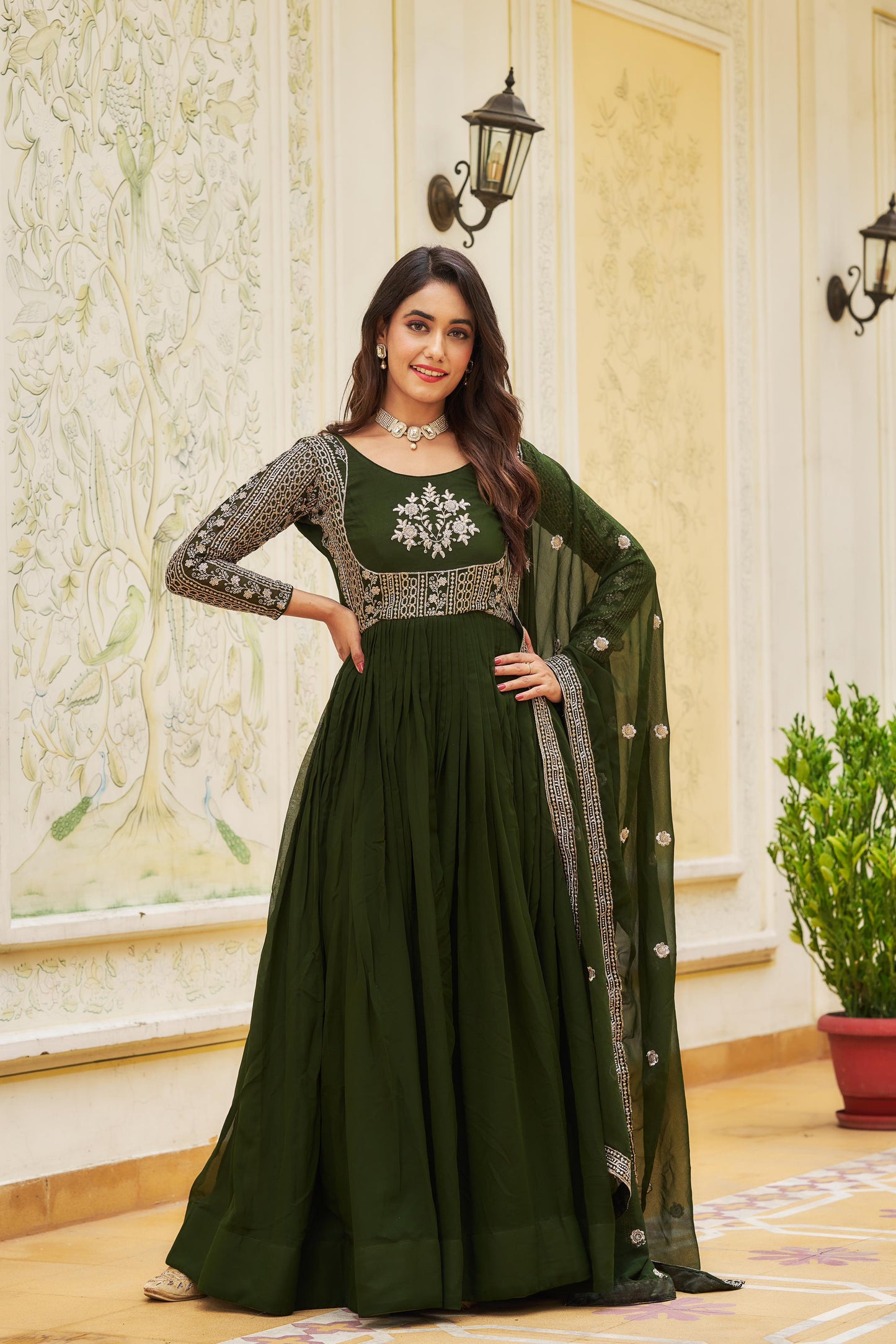 Mehndi Color Georgette Sequence Embroidery Work Gown