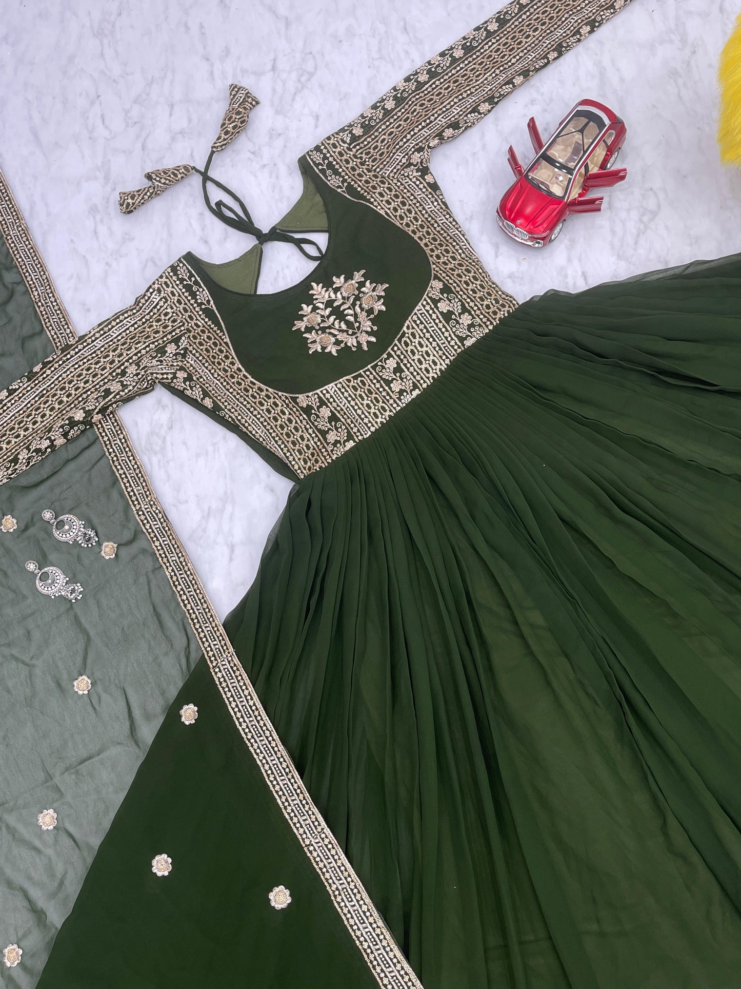 Mehndi Color Georgette Sequence Embroidery Work Gown