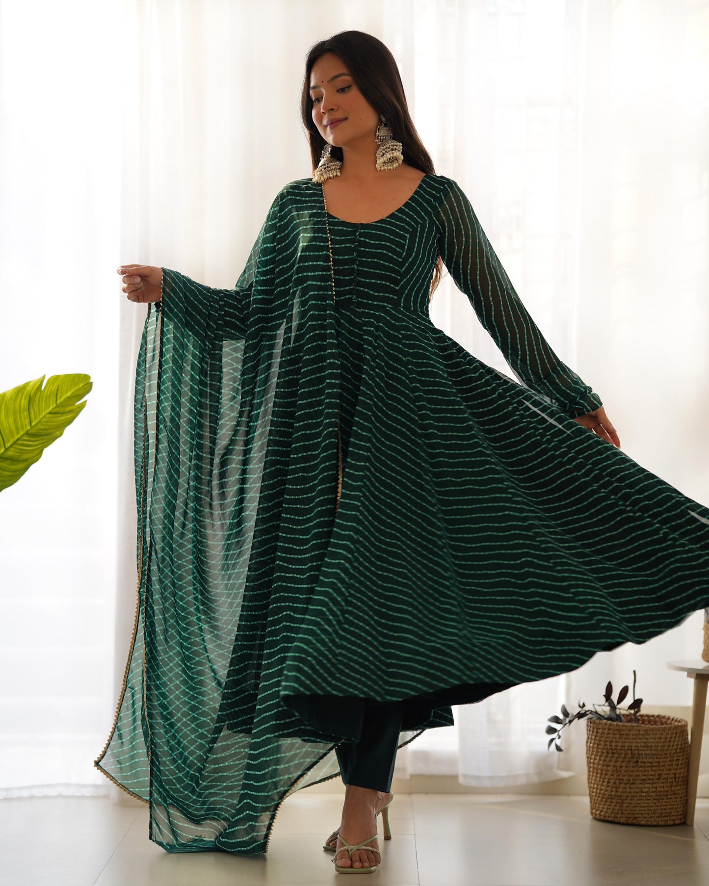 Green Color Leheriya Print Anarkali Gown With Dupatta