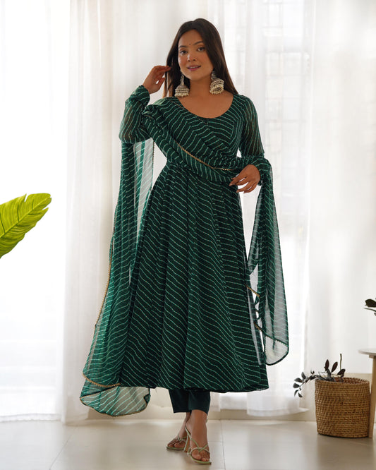 Green Color Leheriya Print Anarkali Gown With Dupatta