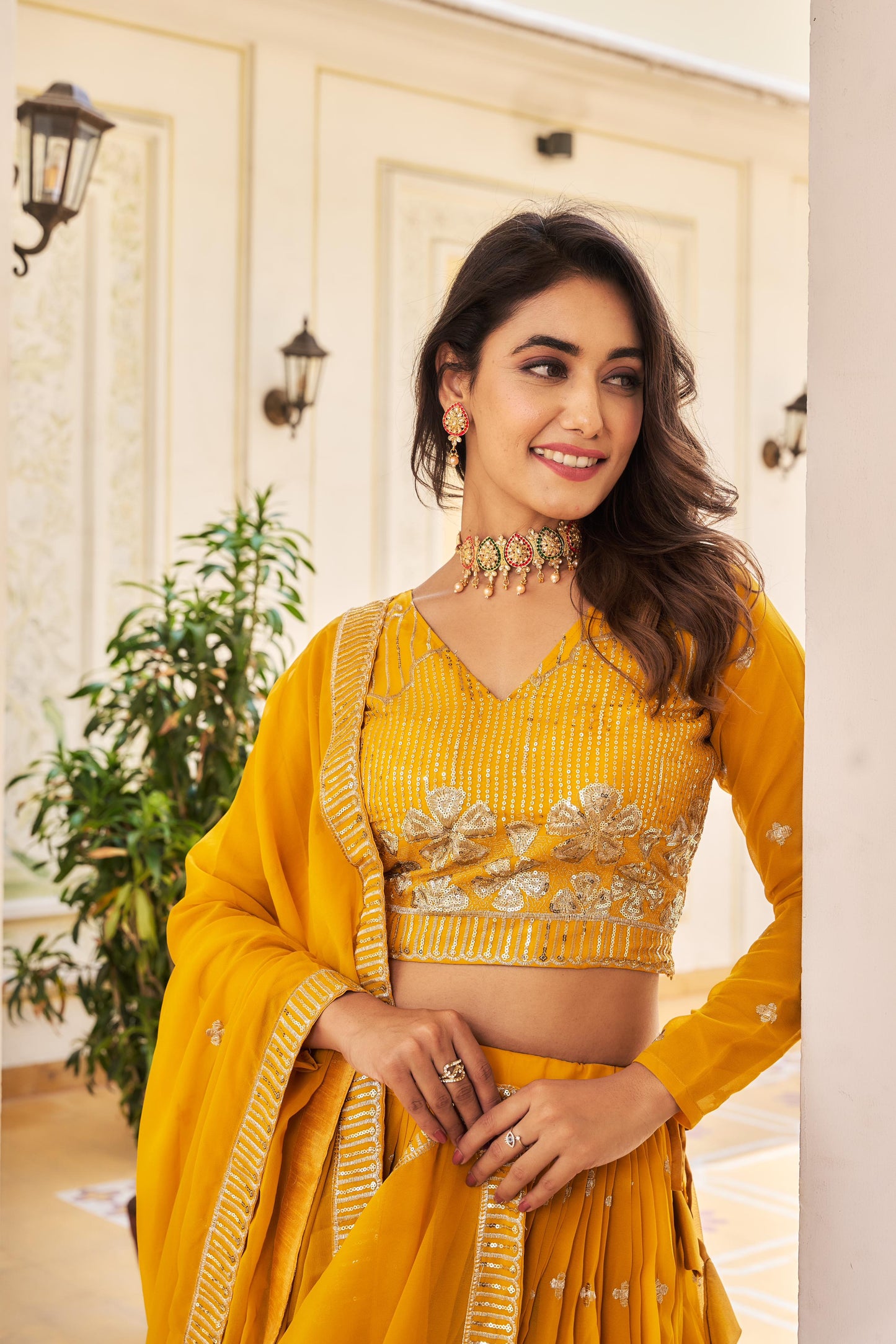 Function Wear Yellow Color Georgette Lehenga Choli