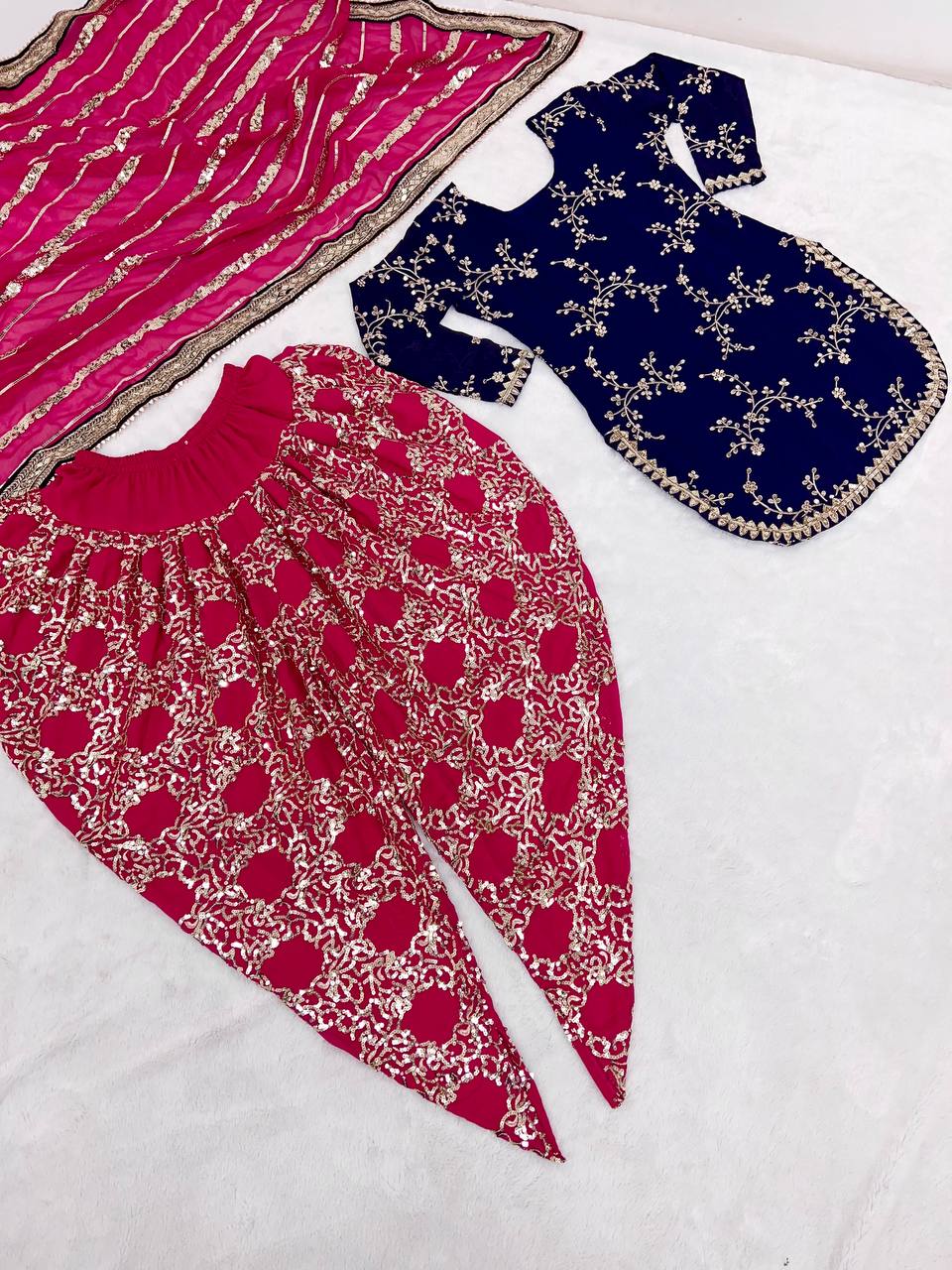 Punjabi Style Navy Blue And Pink Color Dhoti Suit