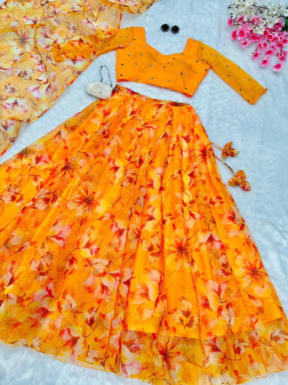 Flower Print Yellow Fully Stitched Organza Silk Lehenga Choli