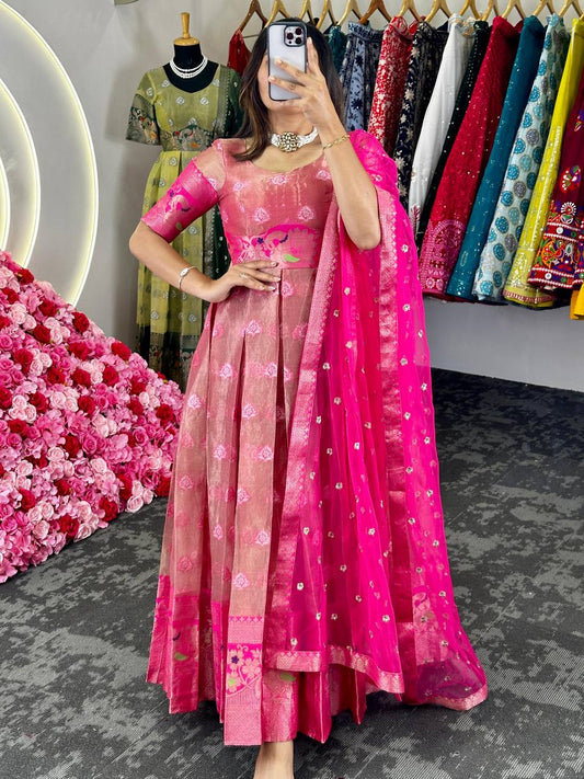 Occasion Wear Pink Zari Work Gown With Dupatta