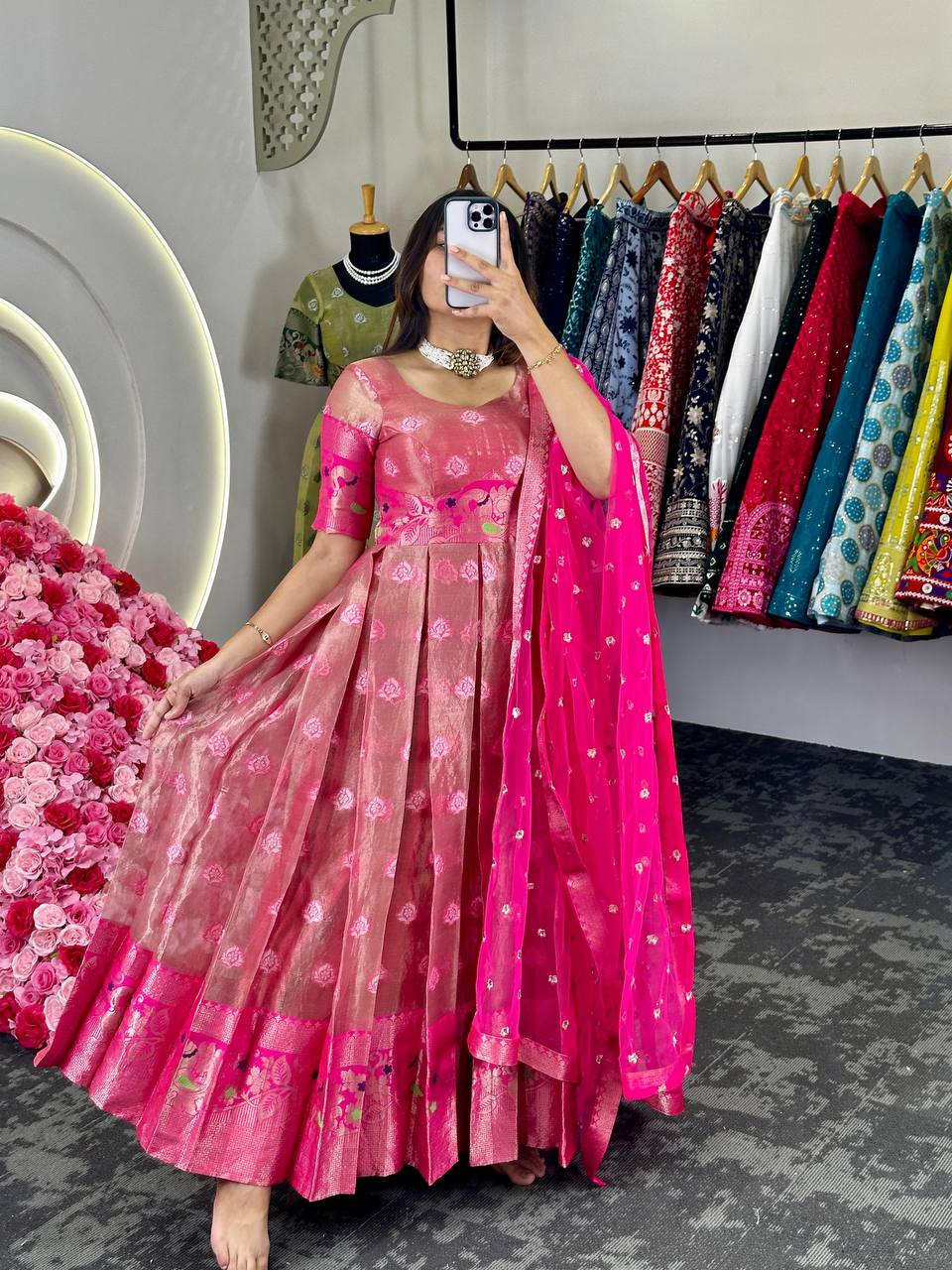 Occasion Wear Pink Zari Work Gown With Dupatta