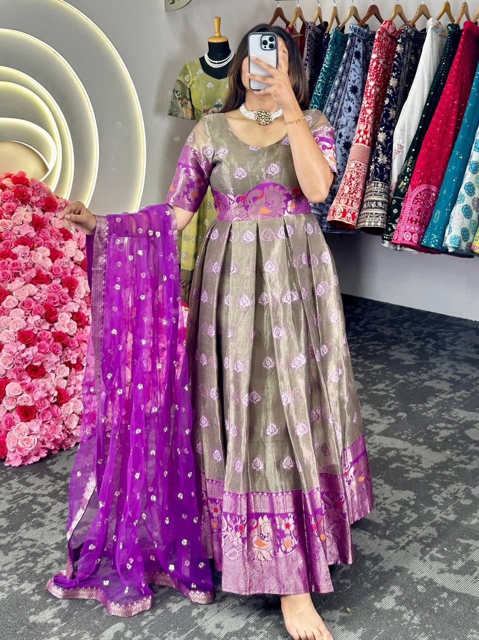 Occasion Wear Purple Zari Work Gown With Dupatta