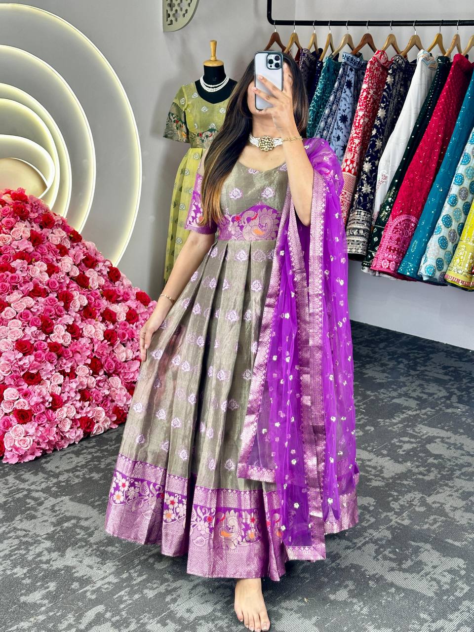 Occasion Wear Purple Zari Work Gown With Dupatta