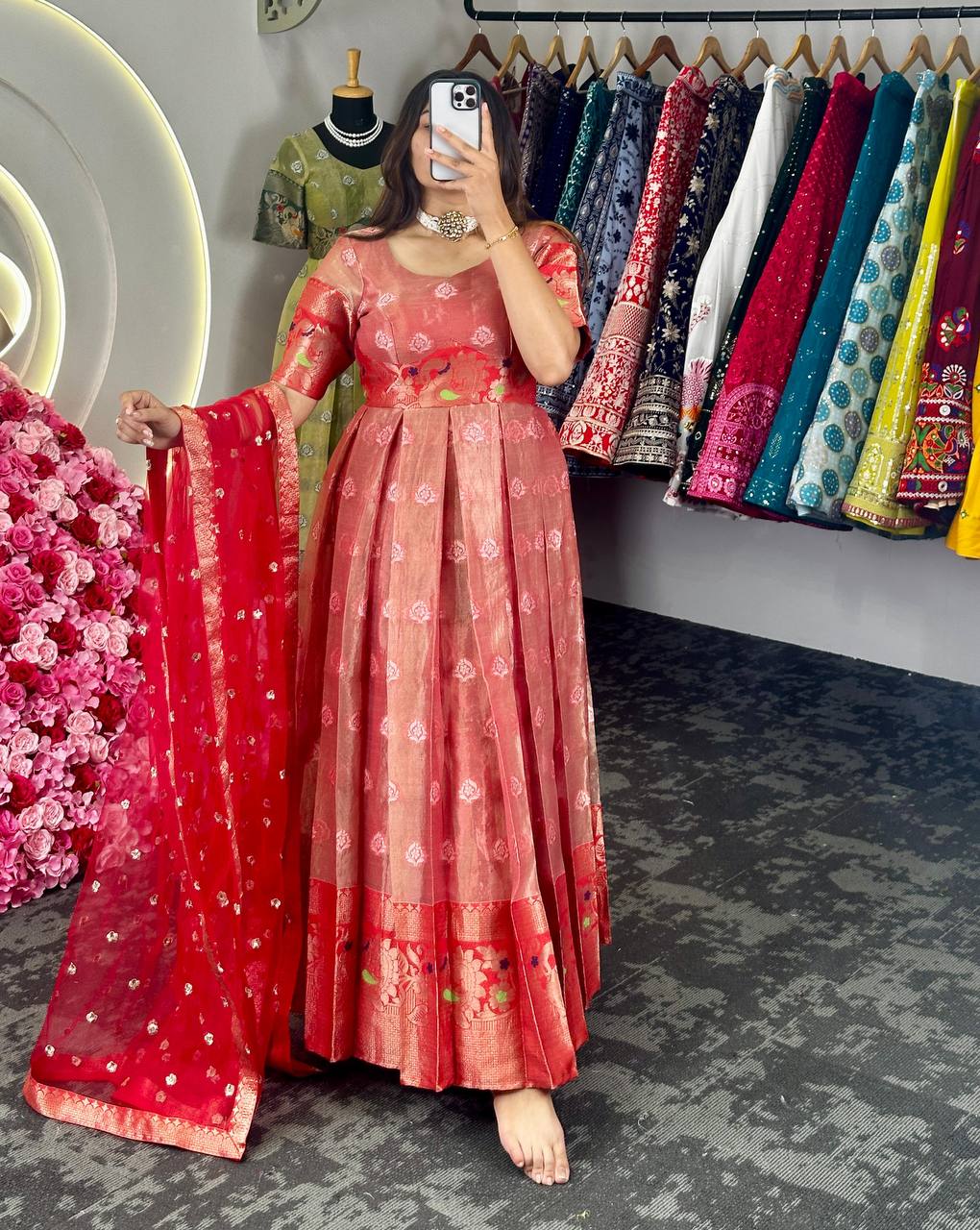 Occasion Wear Red Zari Work Gown With Dupatta