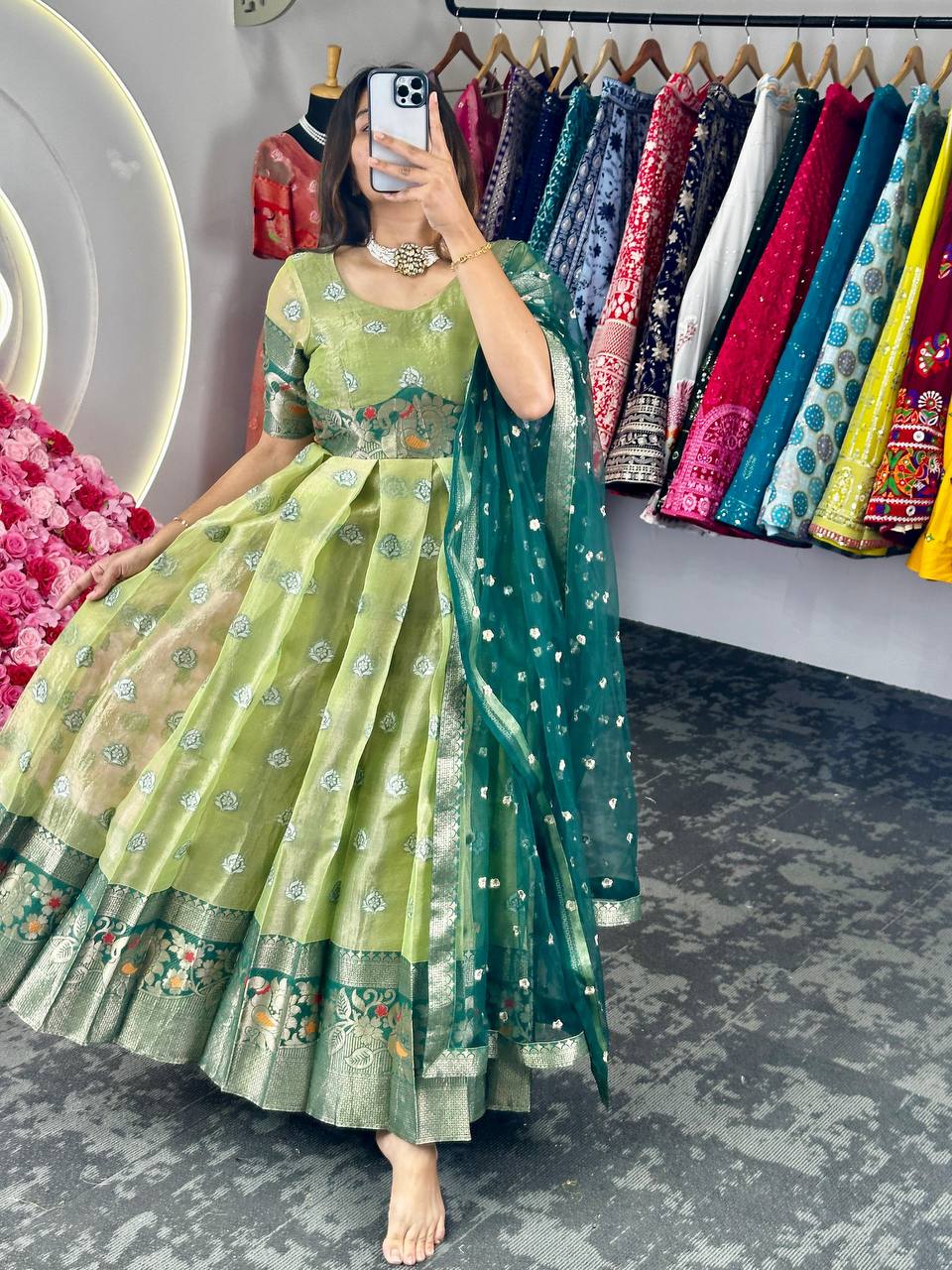 Occasion Wear Green Zari Work Gown With Dupatta