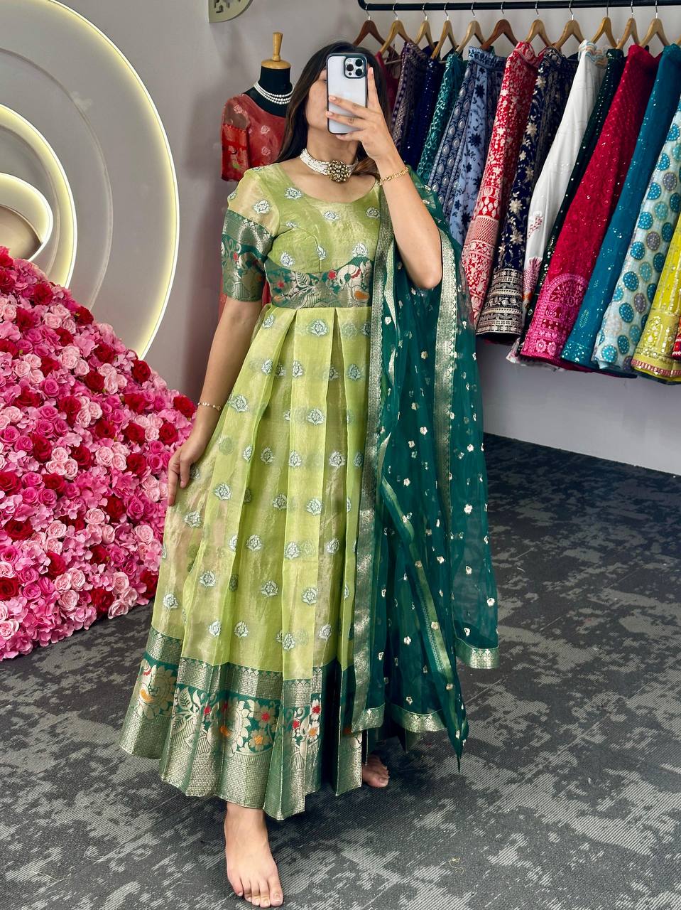 Occasion Wear Green Zari Work Gown With Dupatta