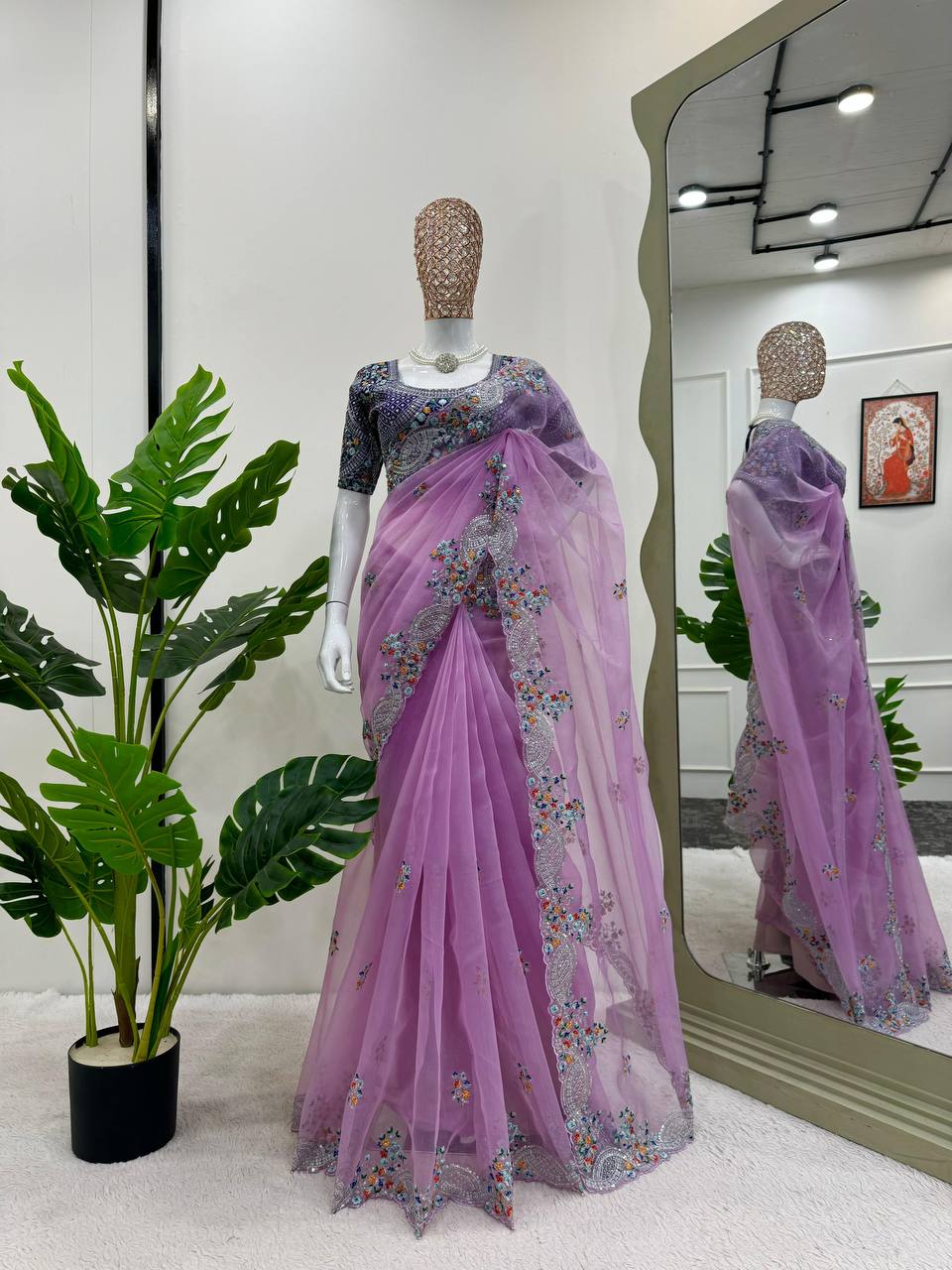 Designer Lavender Organza Silk Festive Saree