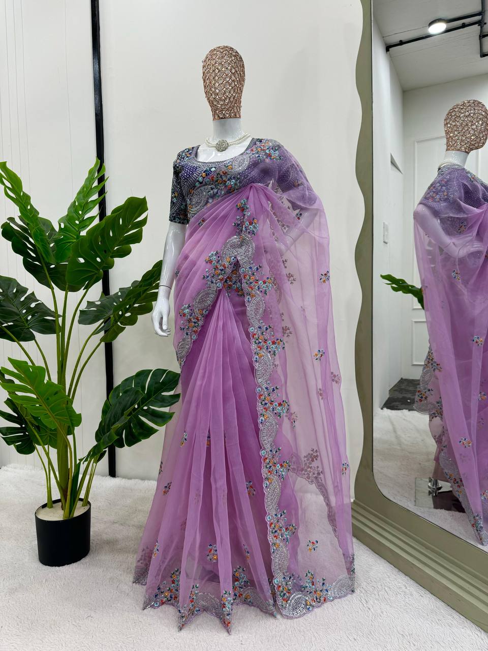 Designer Lavender Organza Silk Festive Saree