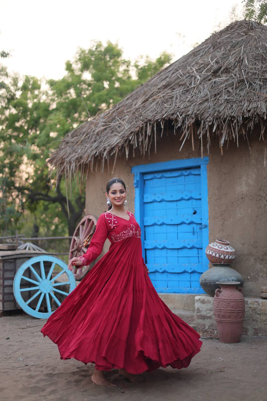 Shining Mirror Work Maroon Color Full Stitched Gown