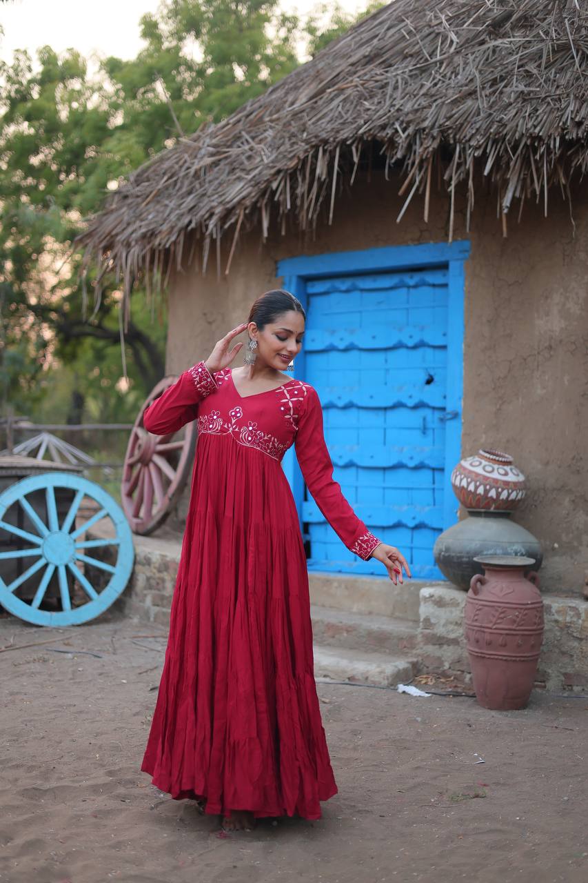 Shining Mirror Work Maroon Color Full Stitched Gown