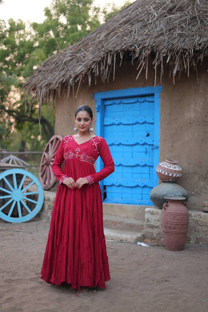 Shining Mirror Work Maroon Color Full Stitched Gown