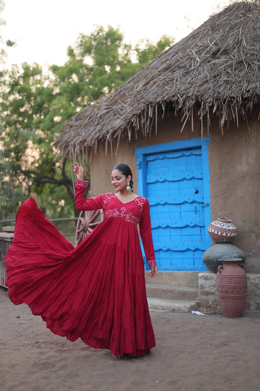 Shining Mirror Work Maroon Color Full Stitched Gown