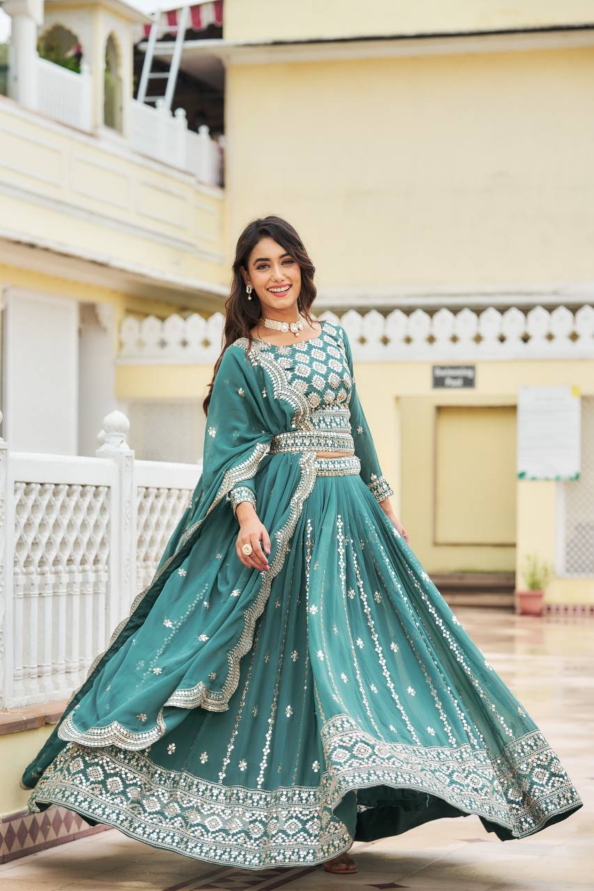 Full Sequence Work Aqua Blue Color Lehenga Choli