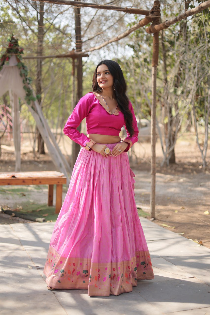 Fantastic Pink Color Kalamkari Zari Border Lehenga Choli