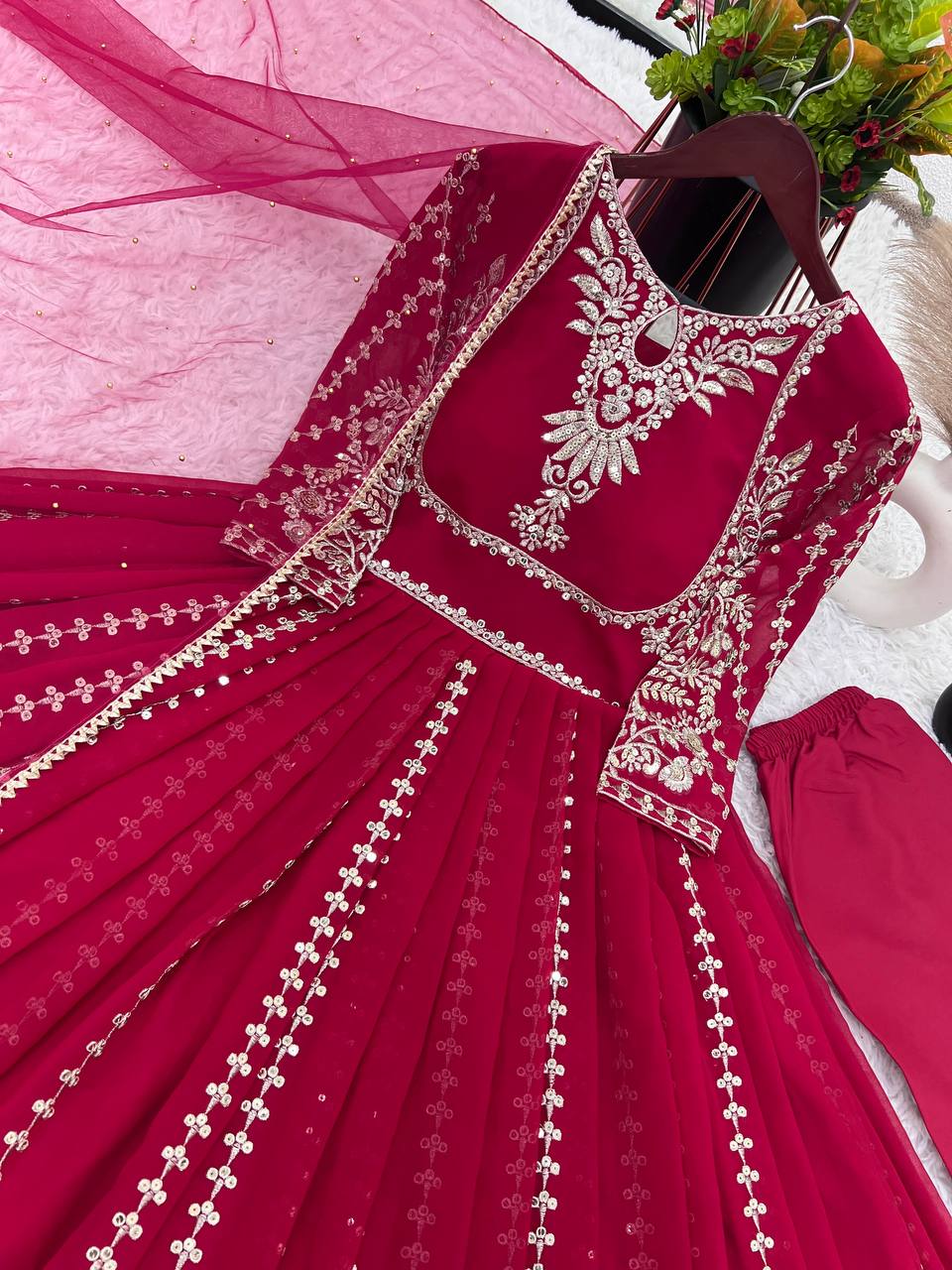 Glorious Dark Pink Color Faux Georgette Anarkali Gown