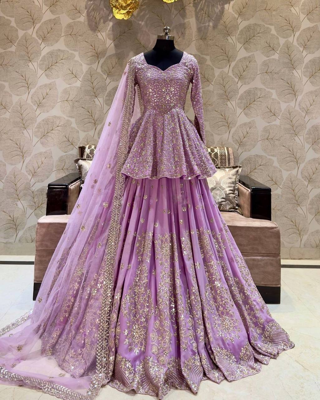 Wedding Wear Heavy Work Lavender Color Top With Lehenga