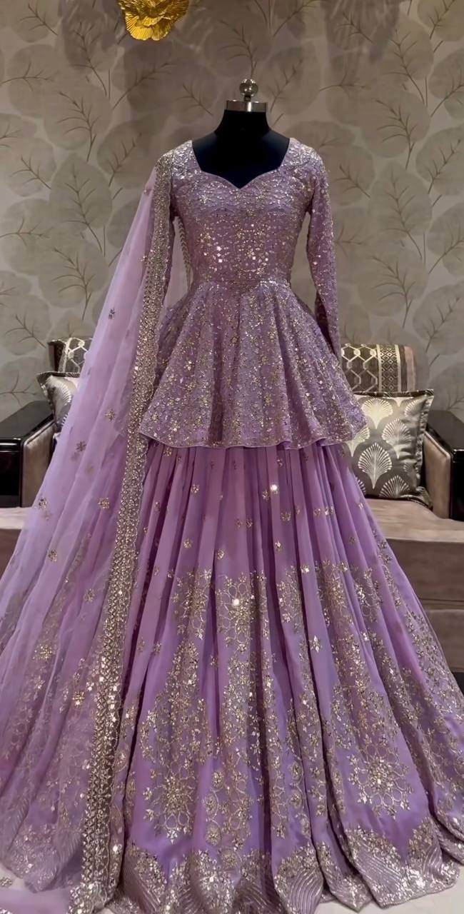 Wedding Wear Heavy Work Lavender Color Top With Lehenga