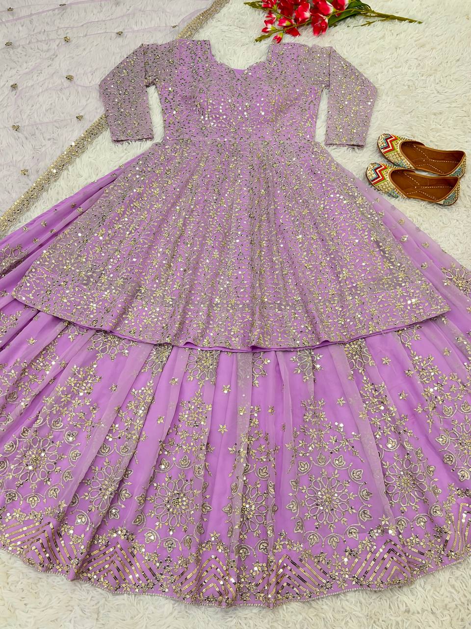 Wedding Wear Heavy Work Lavender Color Top With Lehenga