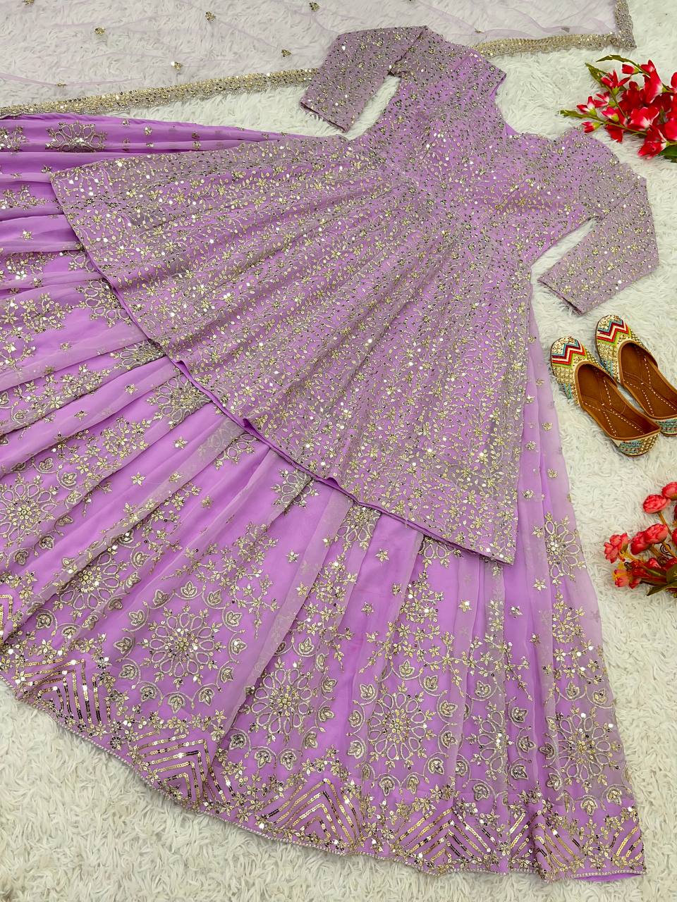 Wedding Wear Heavy Work Lavender Color Top With Lehenga