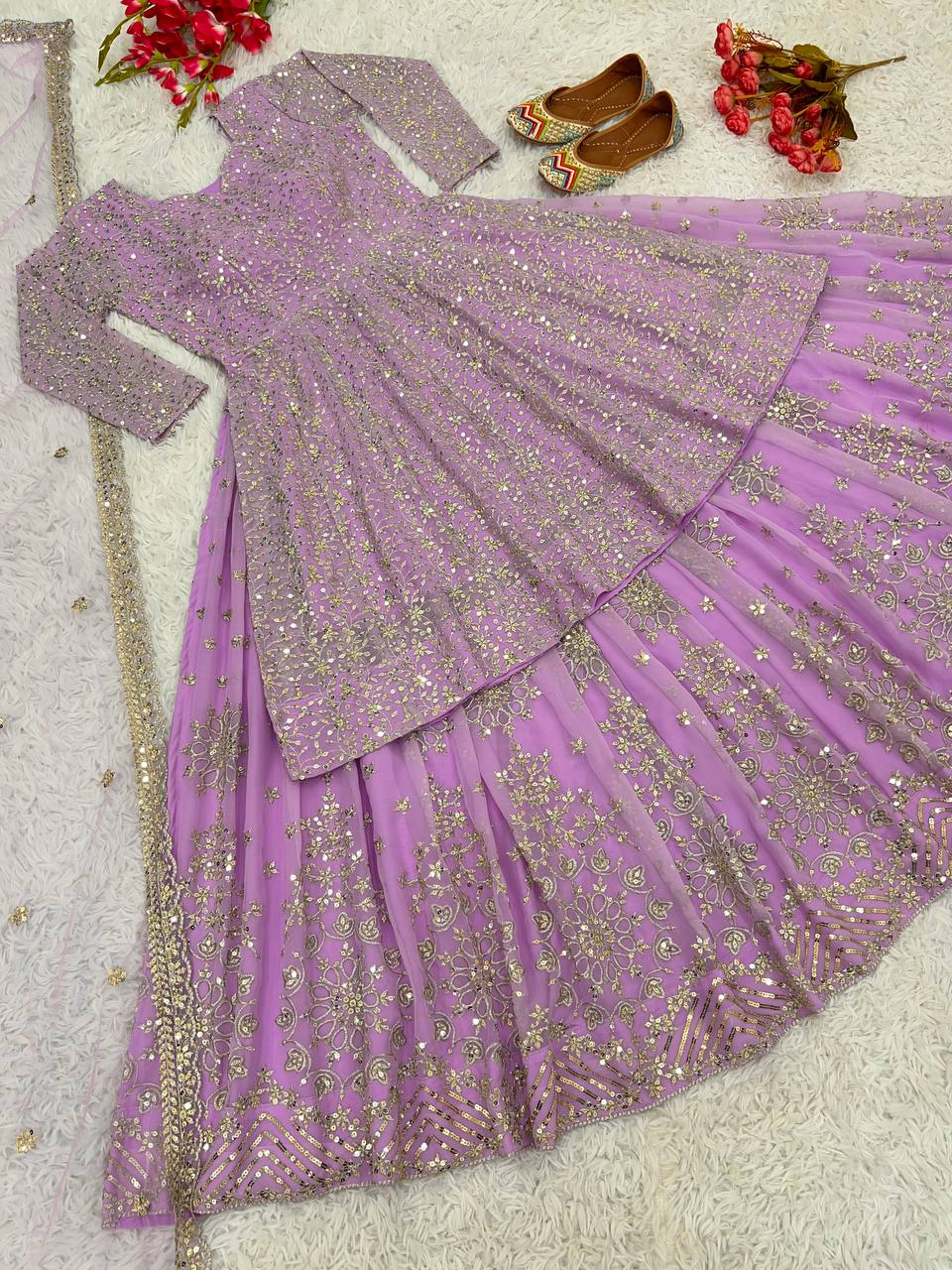 Wedding Wear Heavy Work Lavender Color Top With Lehenga