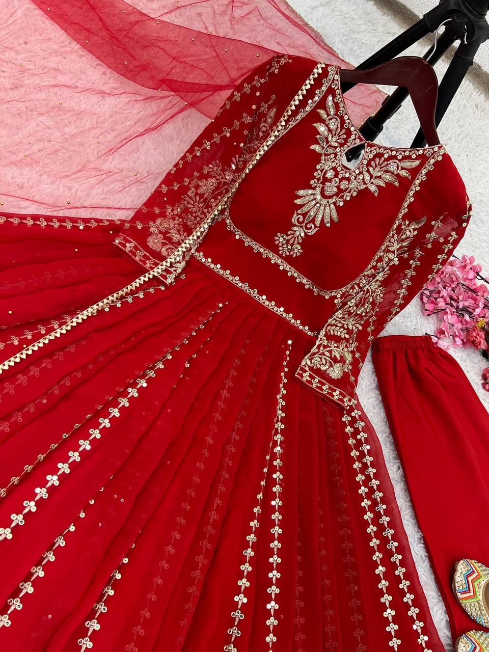 Glorious Red Color Faux Georgette Anarkali Gown