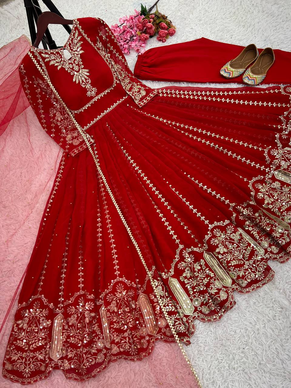 Glorious Red Color Faux Georgette Anarkali Gown