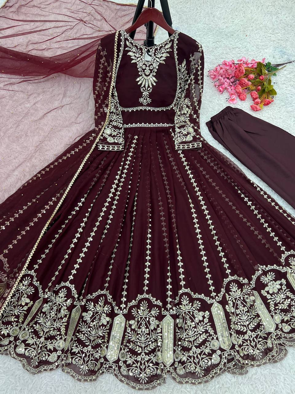 Glorious Maroon Color Faux Georgette Anarkali Gown