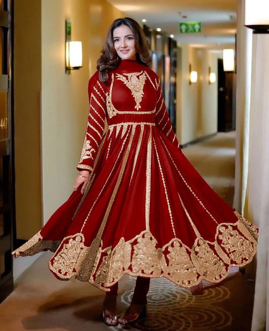 Glorious Red Color Faux Georgette Anarkali Gown