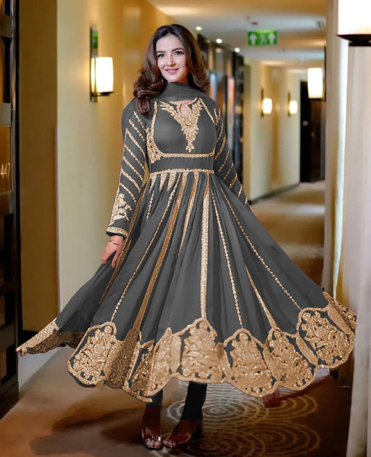 Glorious Grey Color Faux Georgette Anarkali Gown