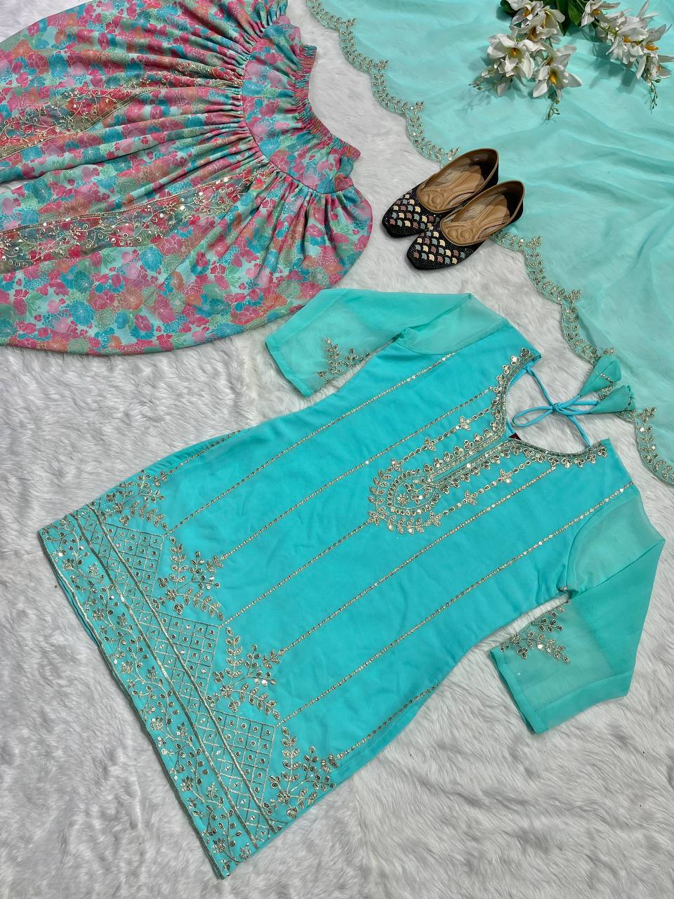 Festive Wear Embroidery Sequence Work Sky Blue Color Dhoti Suit