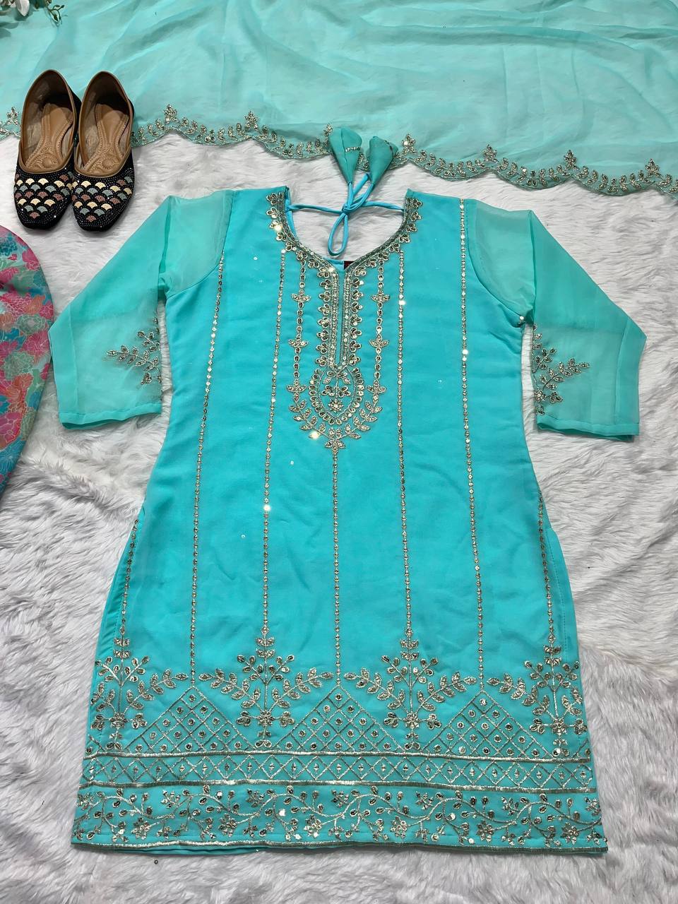 Festive Wear Embroidery Sequence Work Sky Blue Color Dhoti Suit