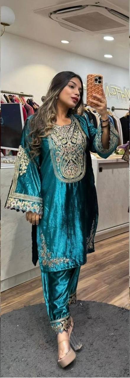 Wedding Wear Teal Blue Color Velvet Embroidery Work Salwar Suit