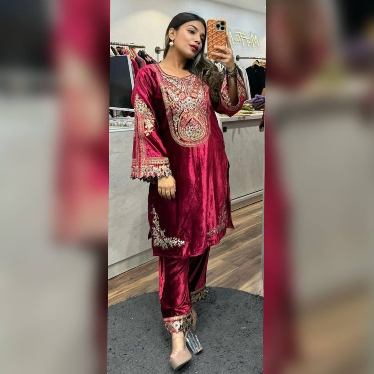 Adorable Maroon Color Velvet Embroidery Work Salwar Suit