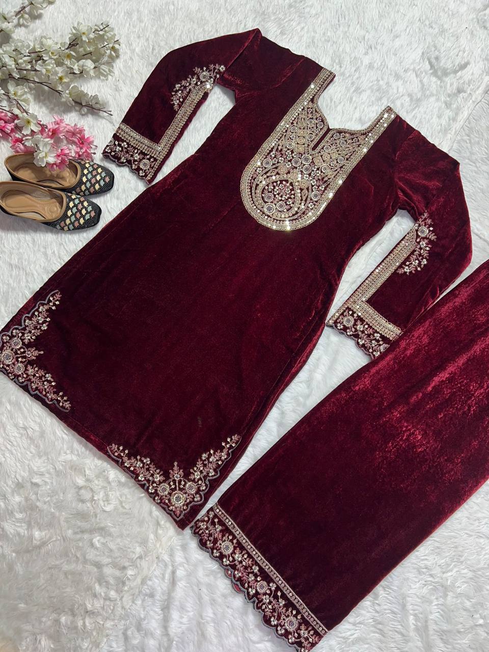 Adorable Maroon Color Velvet Embroidery Work Salwar Suit