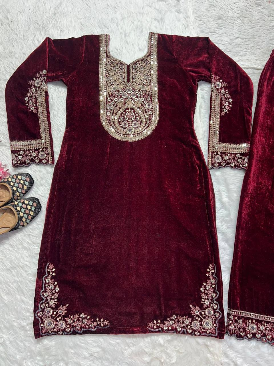 Adorable Maroon Color Velvet Embroidery Work Salwar Suit