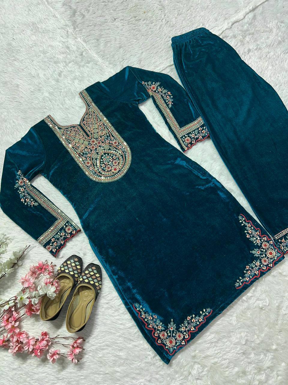 Wedding Wear Teal Blue Color Velvet Embroidery Work Salwar Suit