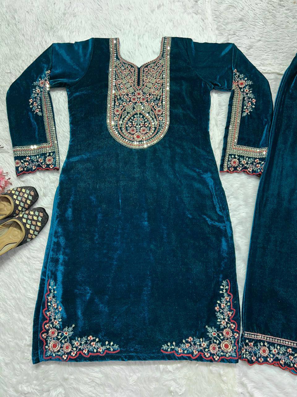 Wedding Wear Teal Blue Color Velvet Embroidery Work Salwar Suit