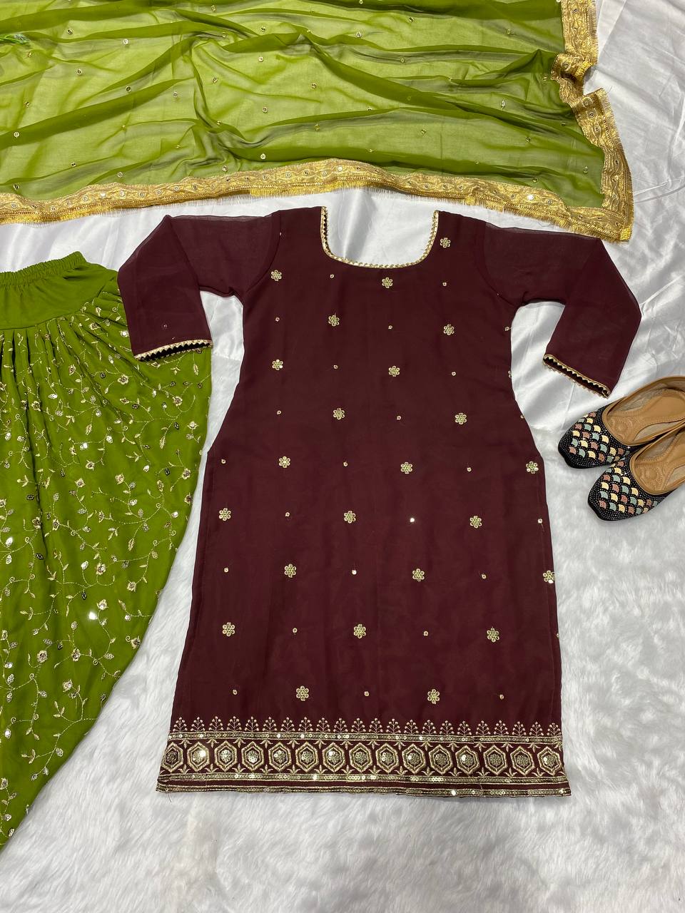 Precious  Georgette Sequence Work Wine And Parrot Dhoti Suit