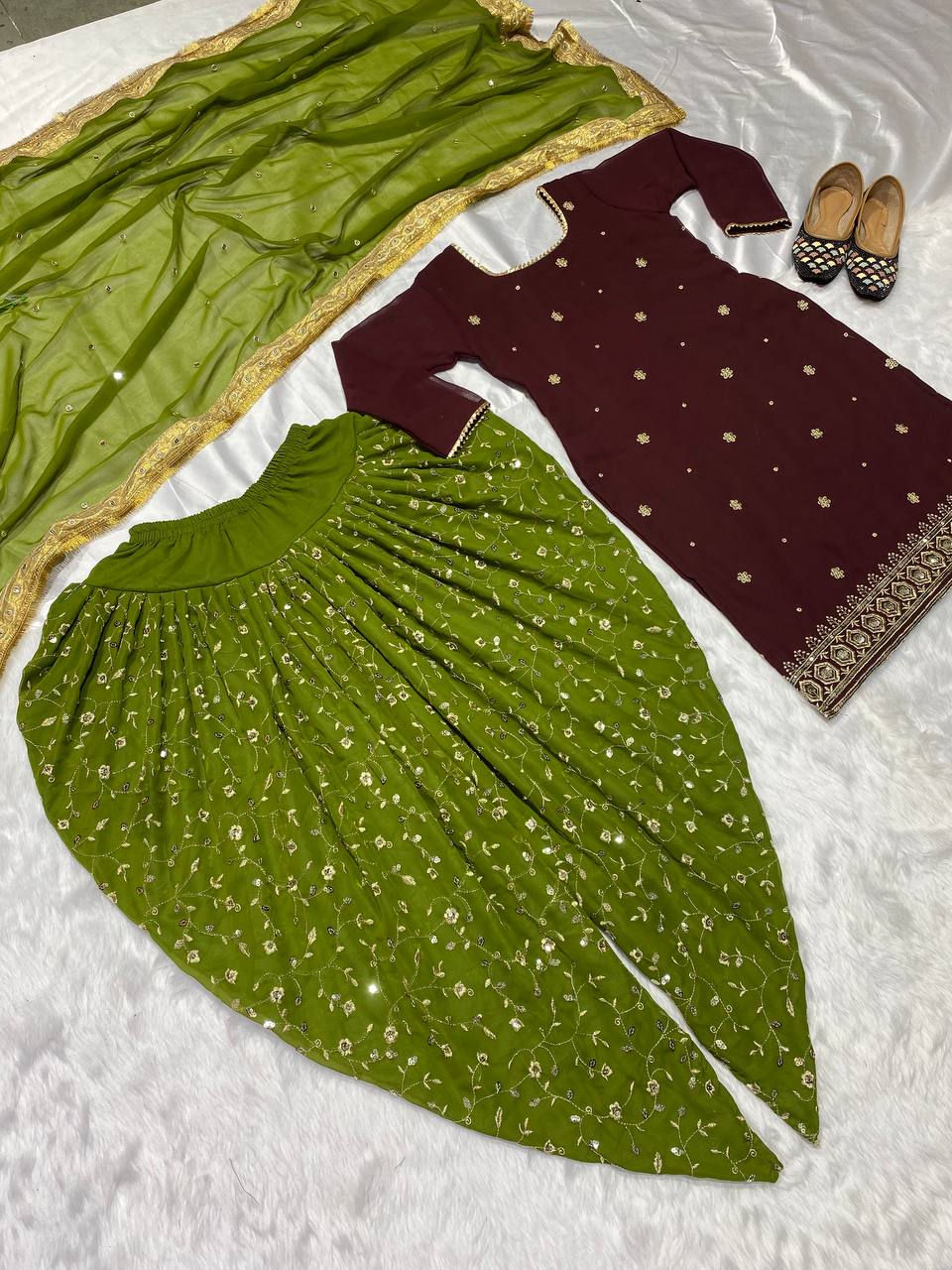 Precious  Georgette Sequence Work Wine And Parrot Dhoti Suit