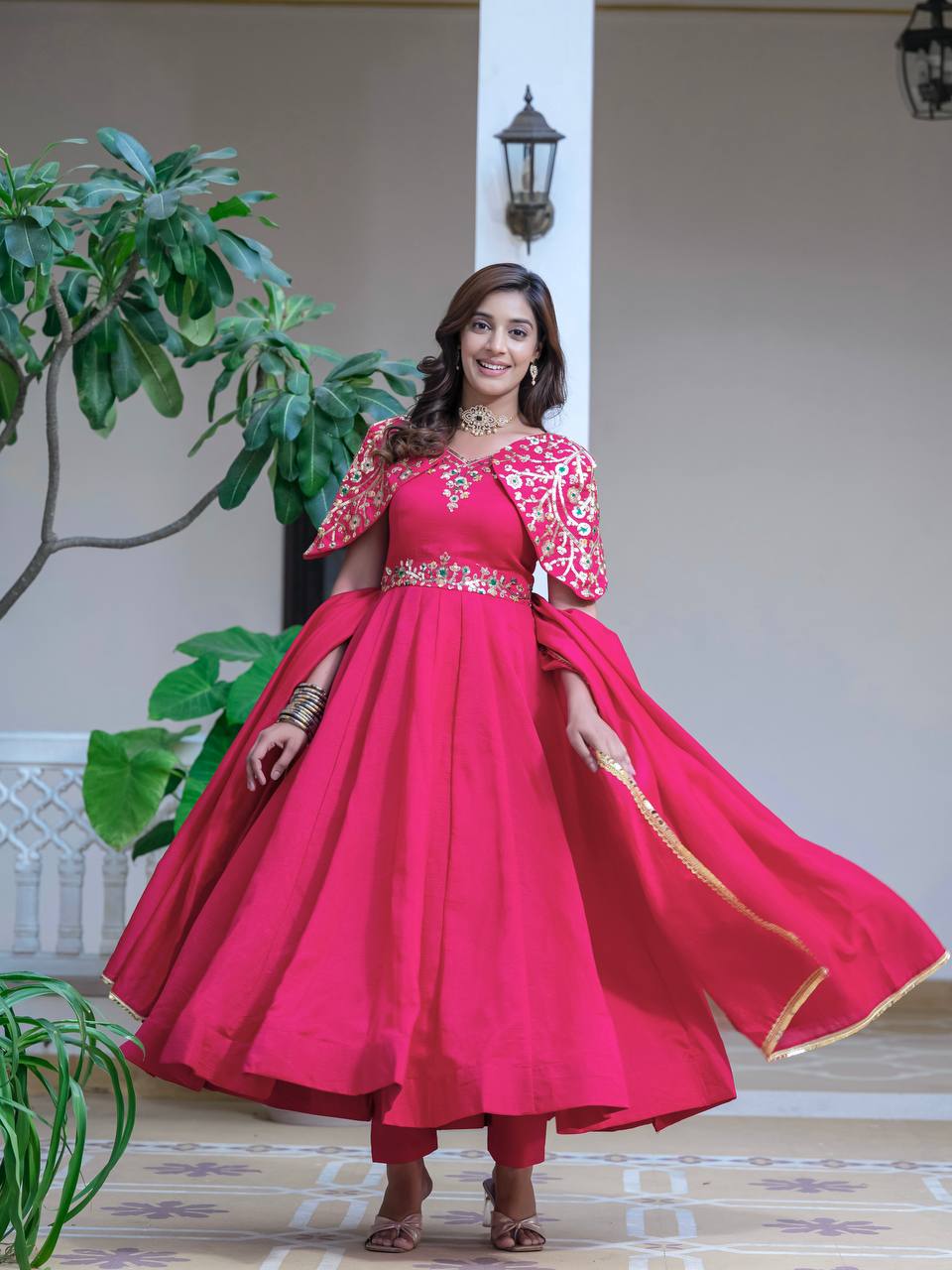 Festive Wear  Vichitra Silk Red Color Anarkali Gown