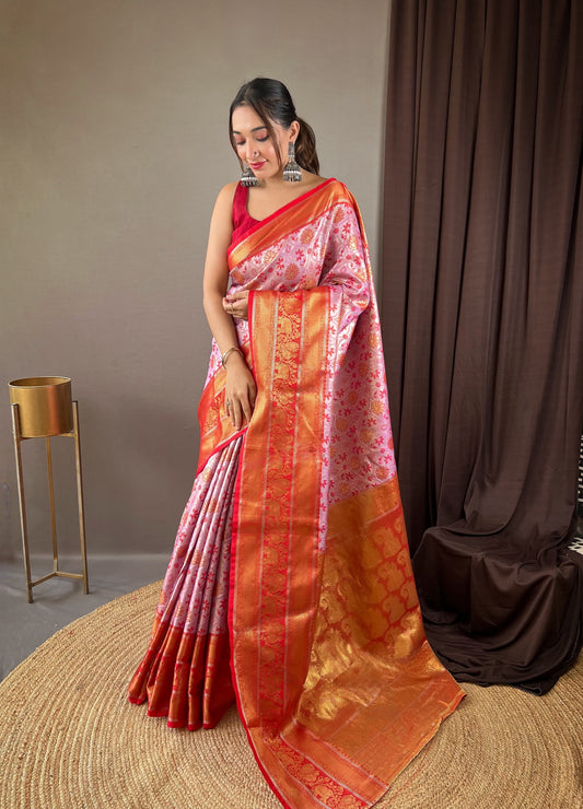 Shining Zari Kanchi Style Weaving Pink Kanjivaram Saree